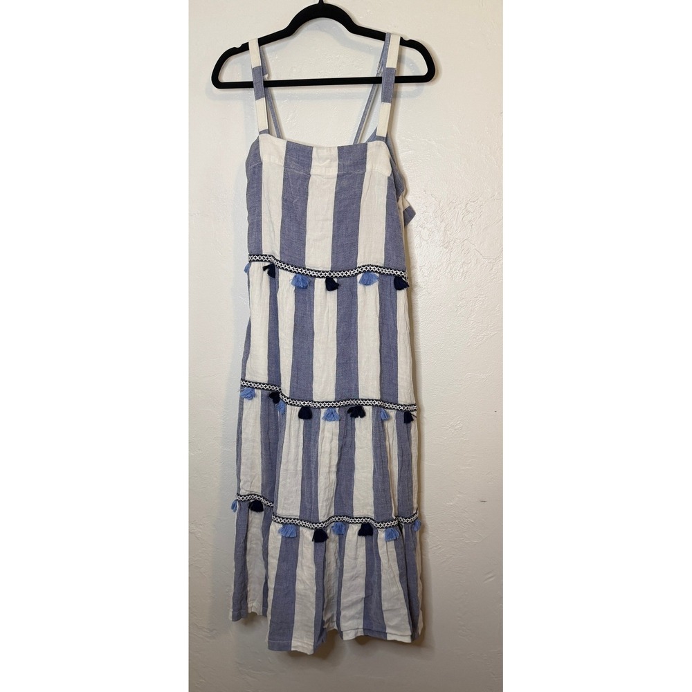 Tommy Bahama Womens Blue White Striped Linen Tassel Tiered Midi Dress Size M